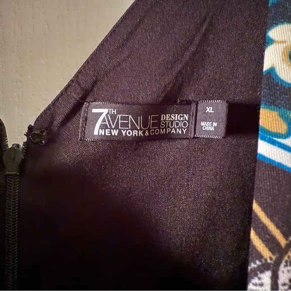 7th Ave Design Studio New York & Company Blue and Gold Patterned Peplum Blouse - Picture 2 of 7